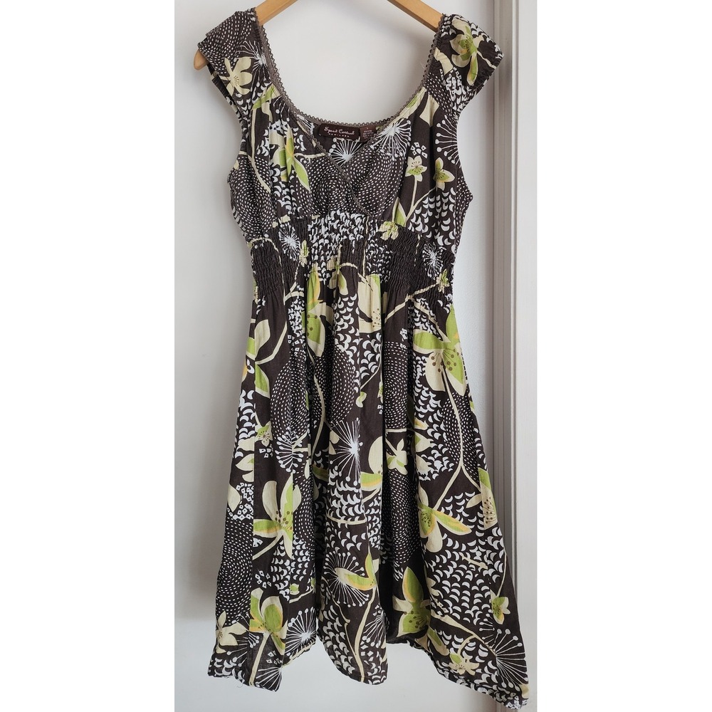 Vintage 90s Speed Control New York Womens Maxi Dress‎ L Floral Brown 100% Cotton
